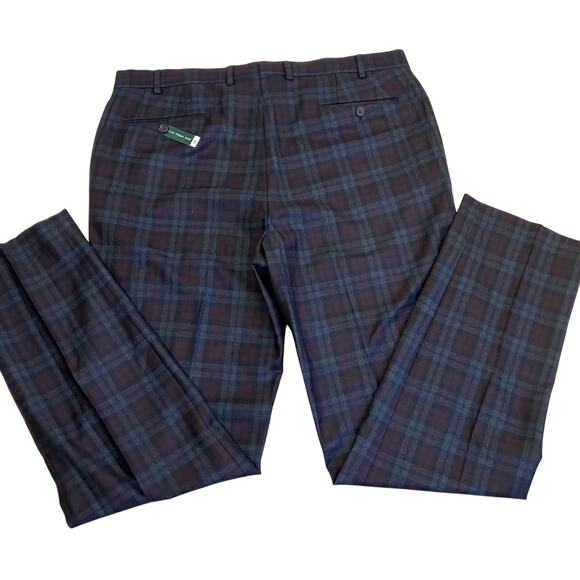 L-Ralph Lauren Mens Wool Blend Burgundy Plaid Flat Front Dress Pants Slim Fit - Picture 15 of 16